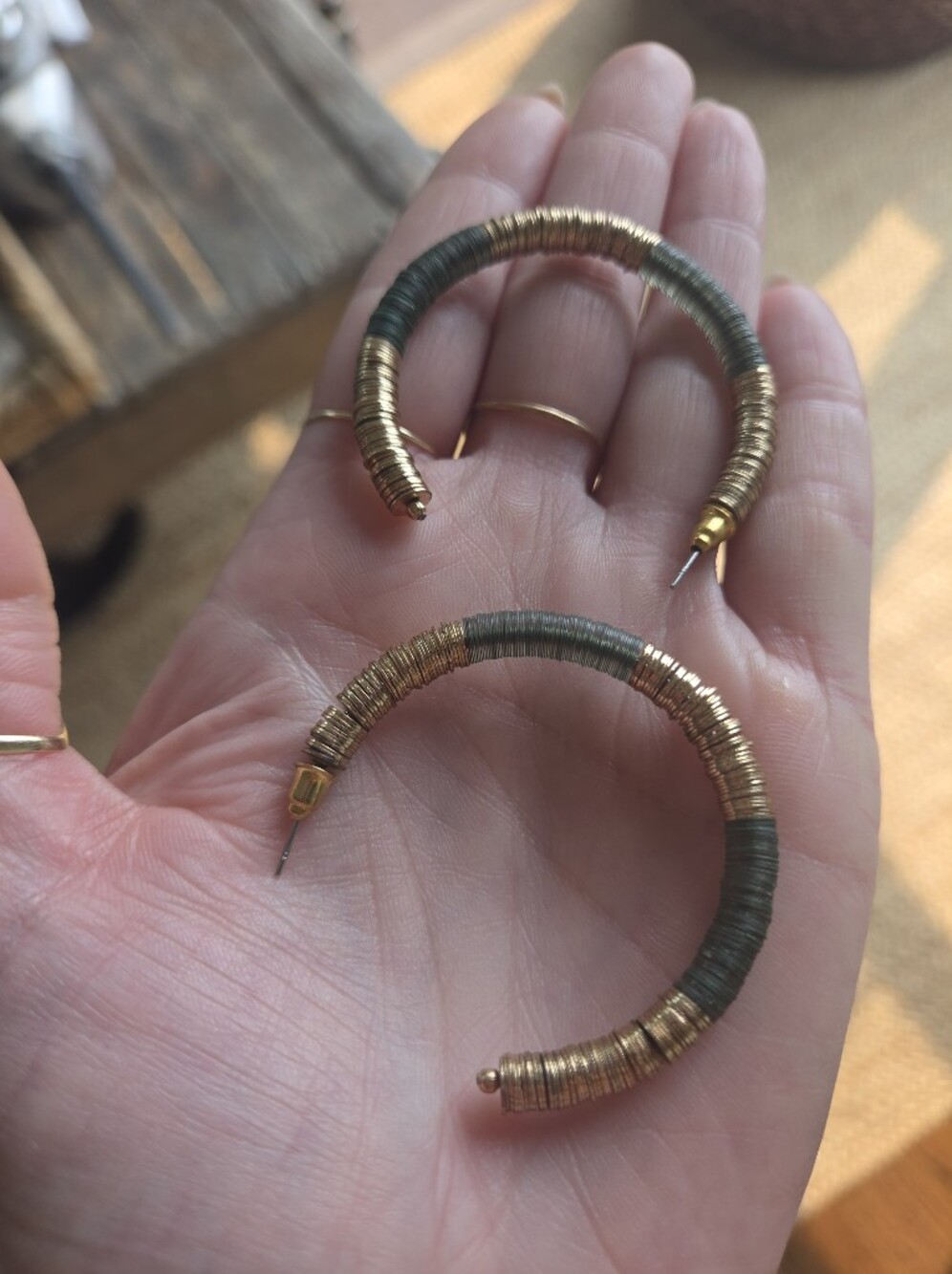 Womens Handmade Gold and Olive Green Wrapped Hoop Earrings 1.5"